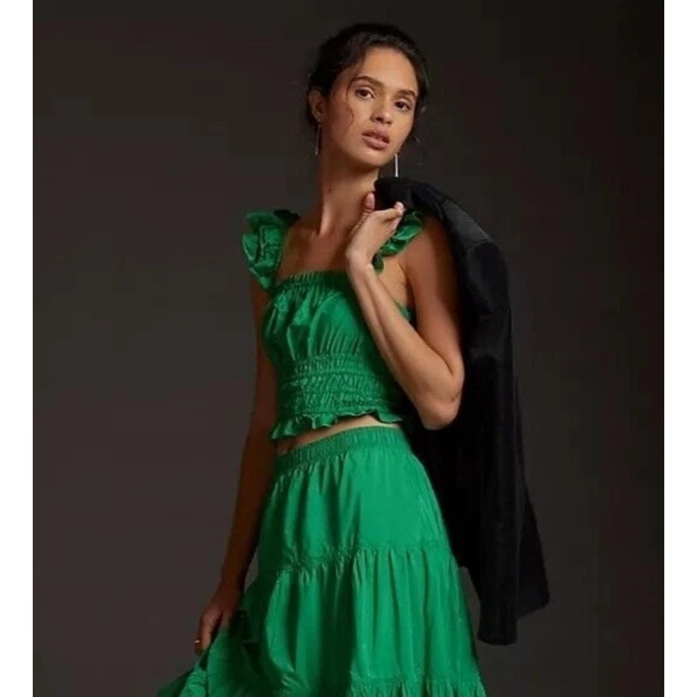 Anthropologie Maeve Smocked Taffeta Cropped Tank Top Ruffle Green 00 Petite $98